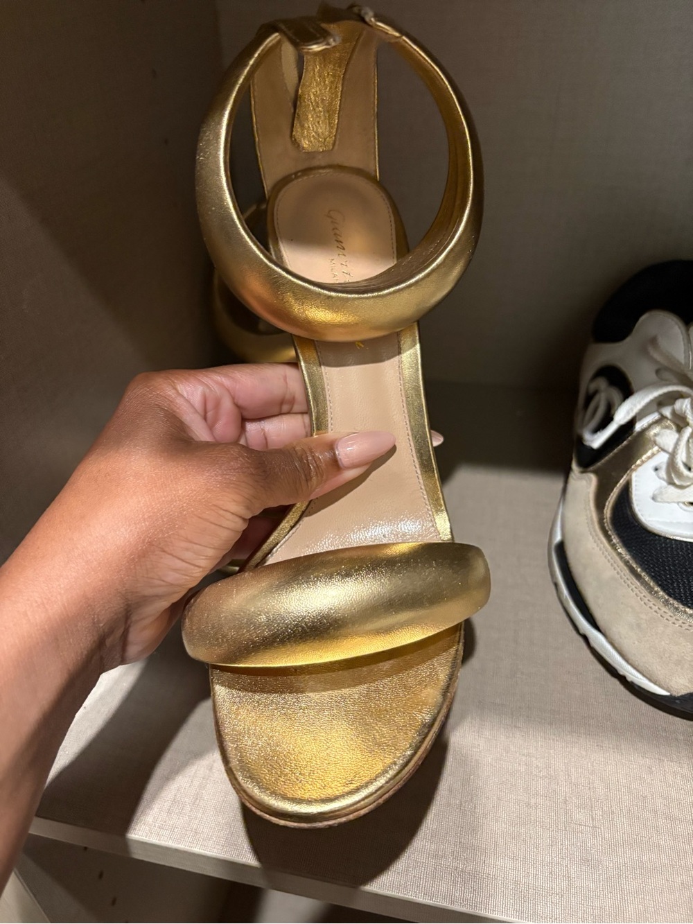 Metallic Gold Circular-Strap High Heel Sandal